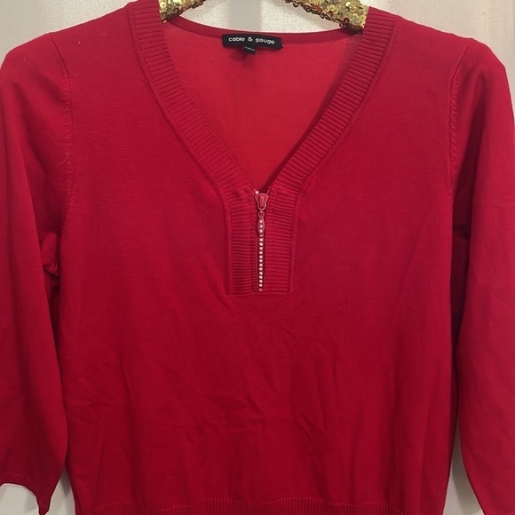 Cable And Gauge Red Rhinestone Zipper Front Sweater - Picture 4 of 9